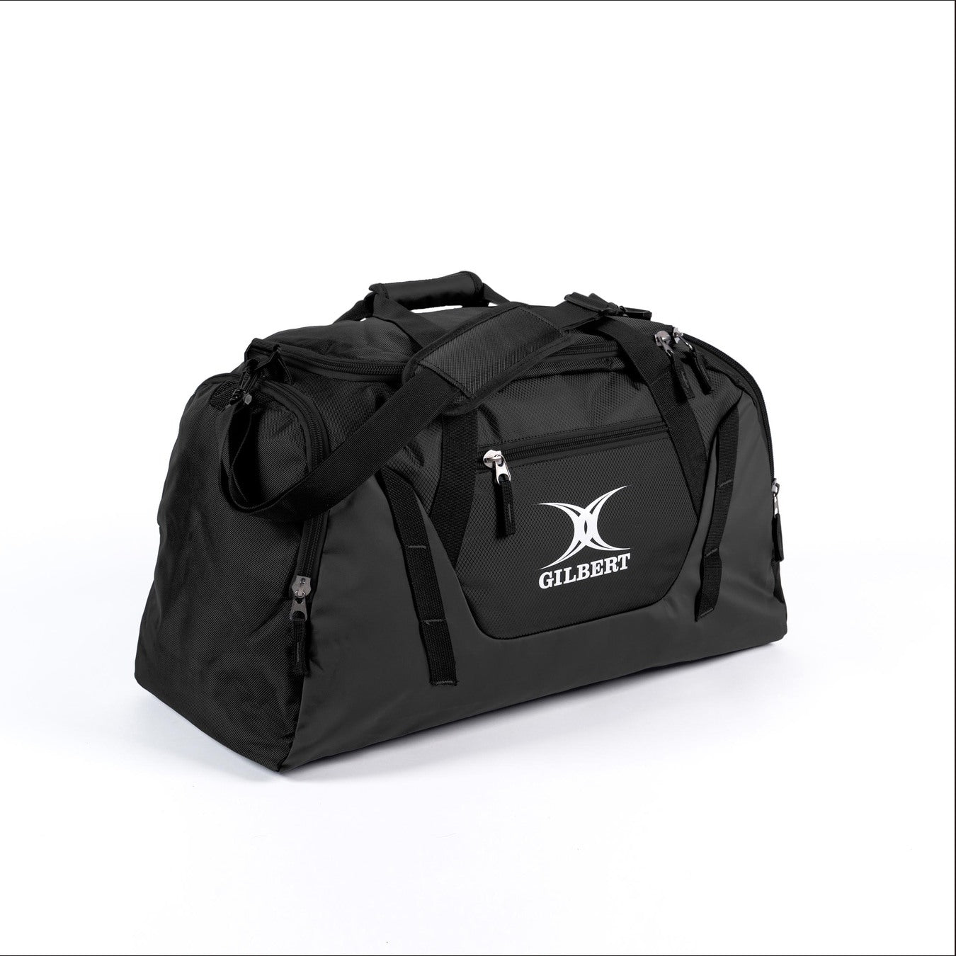 The Gilbert Club V4 Holdall in Black/Black features multiple zippered compartments, a shoulder strap, carry handles, and a front pocket with the white Gilbert logo—making it the perfect go-to sports bag.