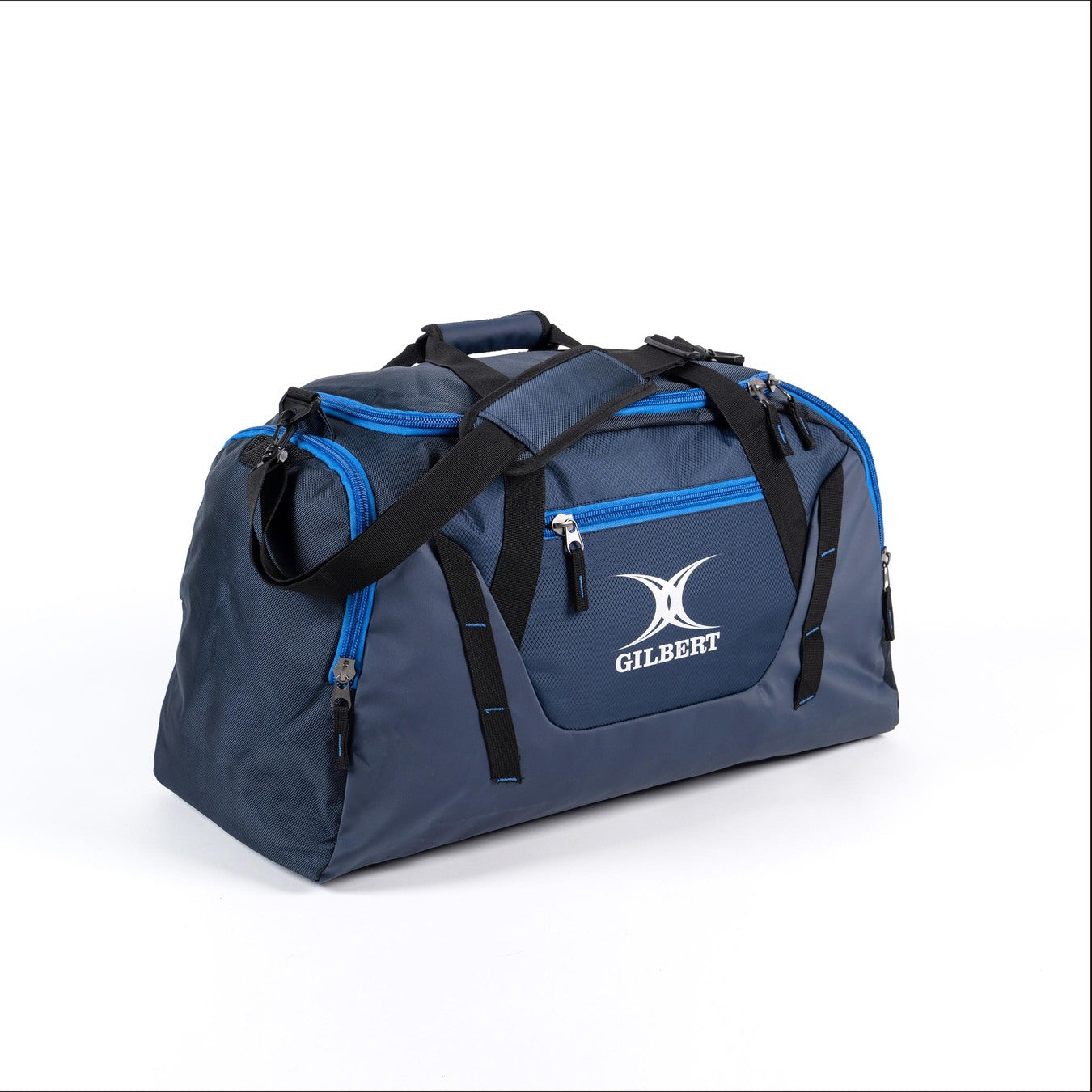 The Gilbert Club V4 Holdall by Gilbert is a spacious sports bag in navy/royal with blue zippers, black straps, and the white GILBERT logo on the front pocket. The holdall is shown against a white background.