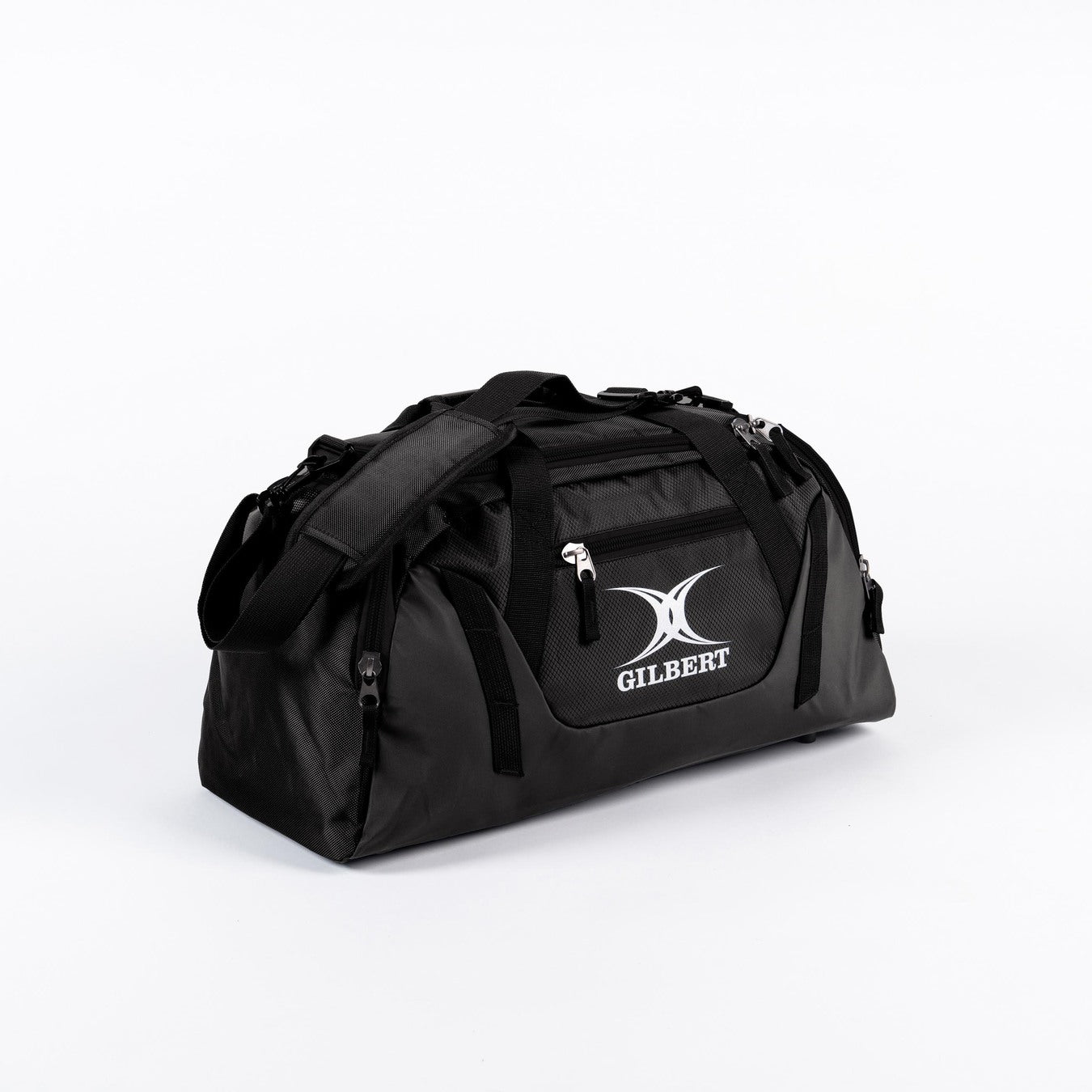 The Gilbert Club Players V4 Holdall by Gilbert is a durable black/black sports bag with multiple zippers, carrying handles, adjustable shoulder strap, and a front pocket featuring the Gilbert logo—perfect for rugby players.