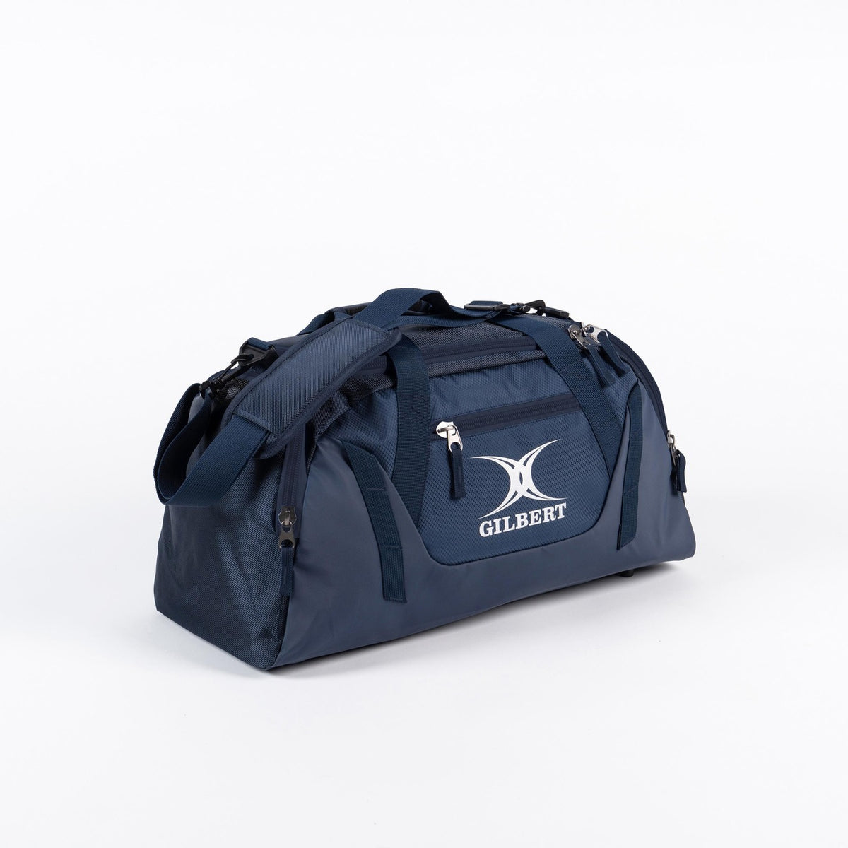 The Gilbert Club Players V4 Holdall is a navy sports duffel bag with multiple zippers, handles, and a shoulder strap. Featuring the Gilbert logo on the front, it's a durable choice for any rugby player's bag collection.