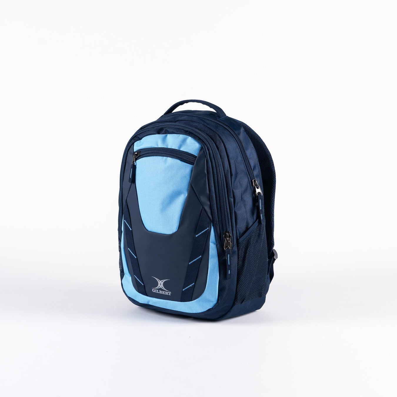 The Gilbert Club V4 Rucksack in Sky/Navy features multiple zippered compartments and a top handle, shown upright on a white background—a durable and practical sports backpack from Gilbert for everyday use.
