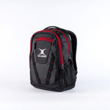 The Gilbert Club V4 Rucksack by Gilbert features a black/red design, multiple zippered compartments, mesh side pockets, and a top handle, shown against a plain white background.