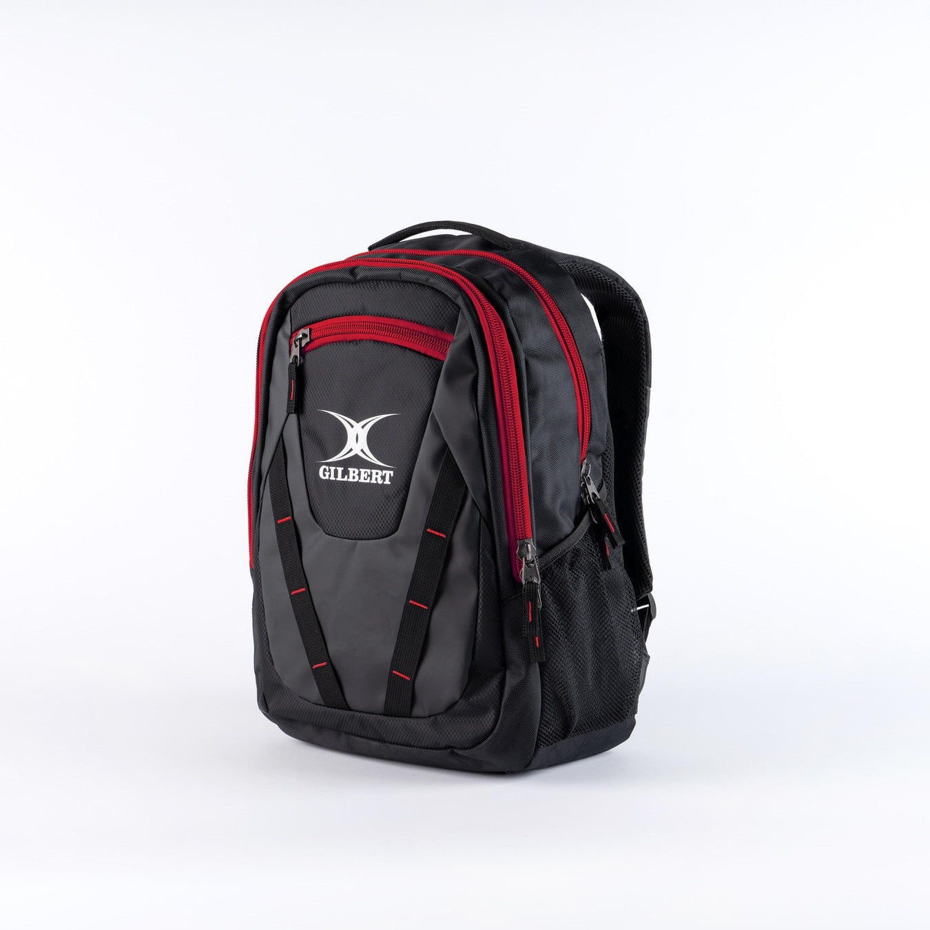 The Gilbert Club V4 Rucksack by Gilbert features a black/red design, multiple zippered compartments, mesh side pockets, and a top handle, shown against a plain white background.
