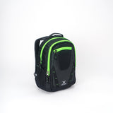 The Gilbert Club V4 Rucksack by Gilbert comes in Black/Fluo Green with bright green zippers, multiple compartments, mesh side pockets, and a top handle—making it a durable sports backpack for all your rugby needs. Set against a plain white background.