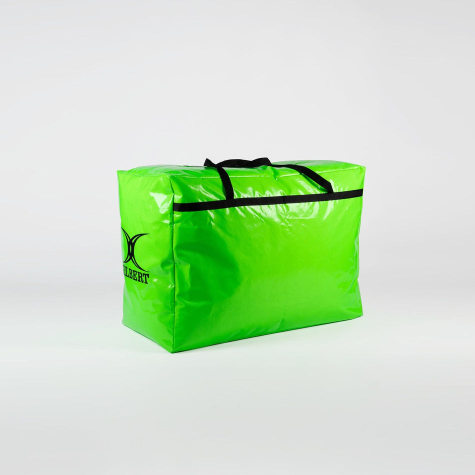 The Gilbert Rugby Equipment Bag by Gilbert is a large, bright green rectangular bag with black handles and a black logo on the side, shown against a plain white background.