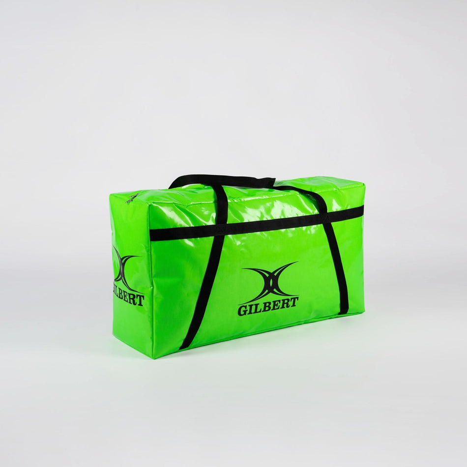 The Gilbert Rugby Equipment Bag is a bright green rectangular sports bag with black handles and trim, featuring the Gilbert logo and emblem on the side and end, shown against a plain light background.