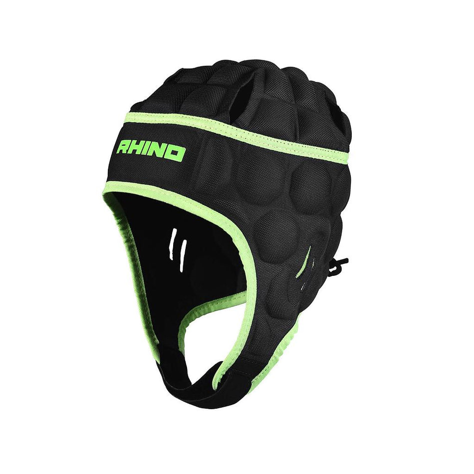The Rhino Senator Head Guard - Junior is a black padded scrum cap made from closed-cell foam for superior head protection, featuring light green trim and the RHINO logo in green on the front, shown against a white background.