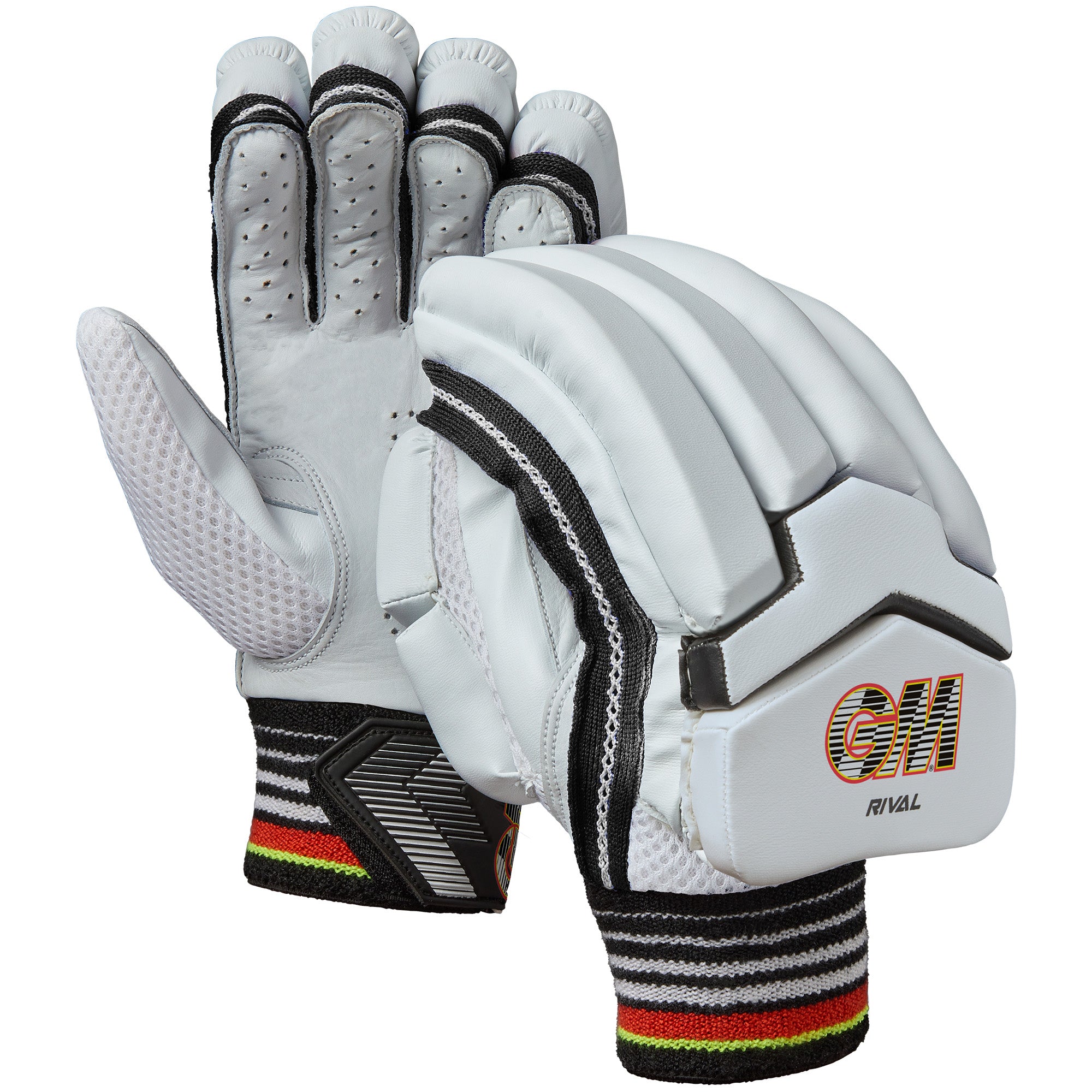 The Gunn & Moore Rival Batting Gloves 2025 are entry-level white gloves with padded fingers and backs, black detailing, colored wrist stripes, and the GM logo plus "Rival" printed on the right glove.