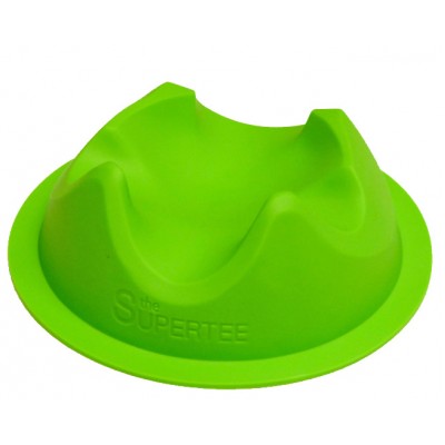 A bright green Dan Carter Kicking Tee - Supertee by Dan Carter, made of plastic with four raised prongs for rugby kicking accuracy and embossed "SUPERTEE" on the side.
