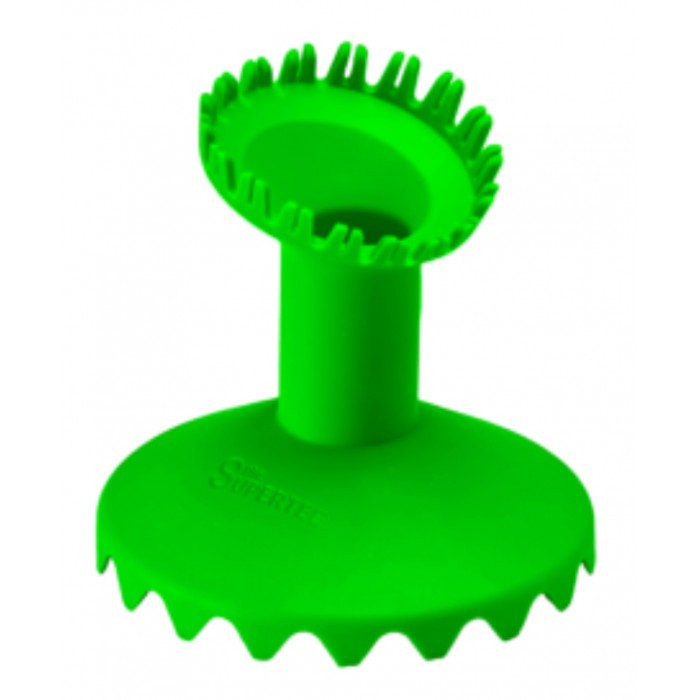 The Dan Carter Kicking Tee - Supertee King by Dan Carter features a bright green plastic base and a vertical handle with jagged, circular teeth designed for securely holding the ball, resembling the sweet spot of a rugby kicking tee.
