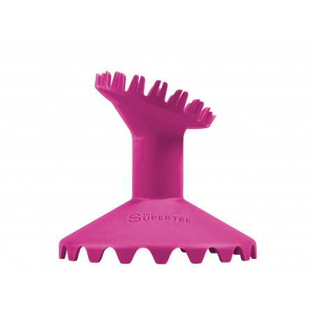 The Dan Carter Kicking Tee - Supertee Throne - Pink features a wide base, raised central support, and angled prongs for easy contact. "Supertee Throne" is embossed on the base.
