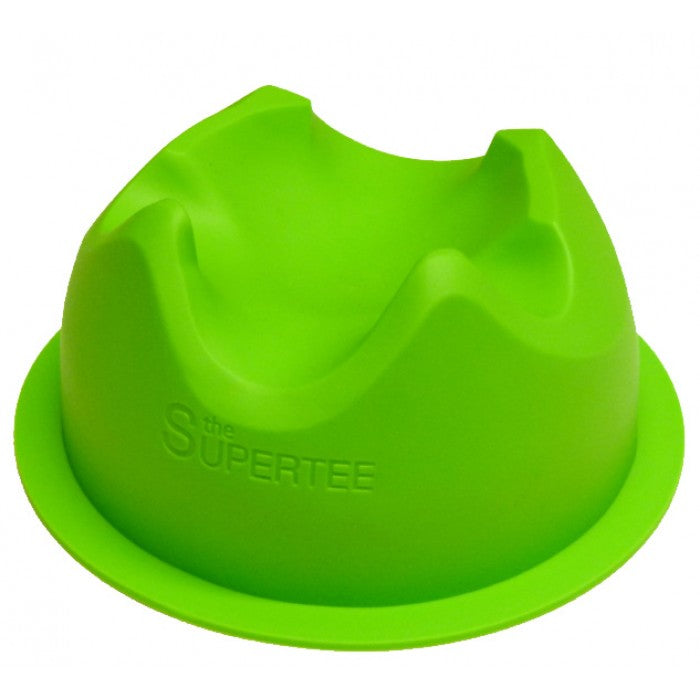 A vibrant green Dan Carter Kicking Tee - Supertee Xtra features curved grooves and indents for ball placement, enhancing accuracy, with "SUPERTREE" embossed on the side.