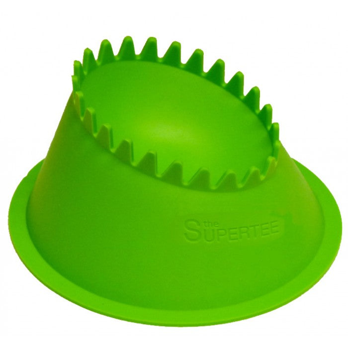 The Dan Carter Kicking Tee - Supertee Xtreme is a bright green, cone-shaped rugby tee with jagged top edges, designed to securely hold a rugby ball for kicking. The word SUPERTEE is embossed on the side.