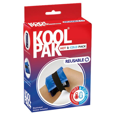 A Reydon Sports Koolpak Reusable Hot & Cold Pack box shows the pack on an elbow. The red and blue packaging with white text includes hot/cold icons, highlighting its use for soft tissue injury treatment.
