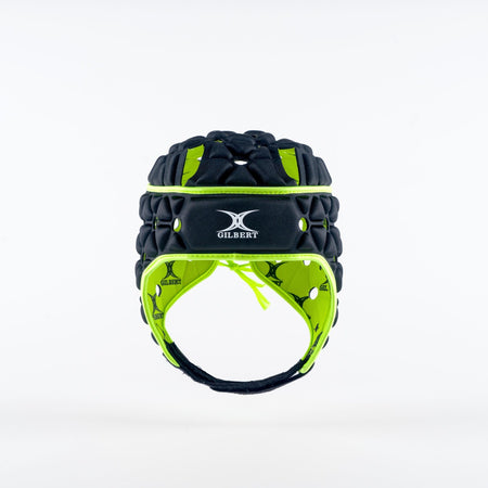 The Gilbert Air Headguard - Senior by Gilbert, shown in black with padded protection and the brand logo on the front, is displayed against a plain white background.
