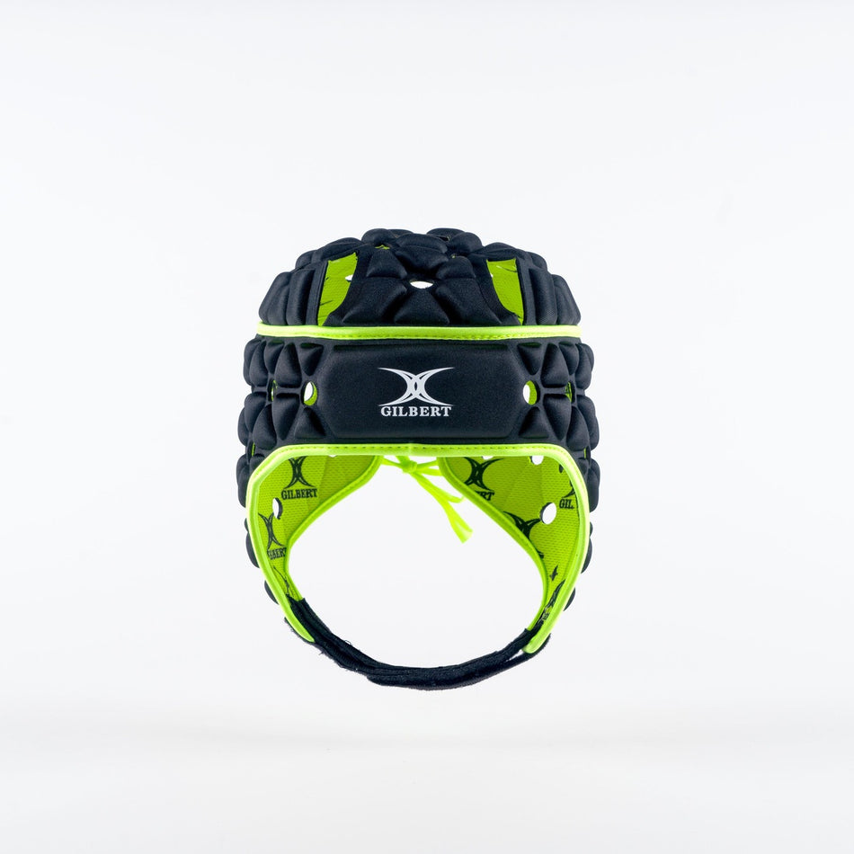 The Gilbert Air Headguard - Senior by Gilbert, shown in black with padded protection and the brand logo on the front, is displayed against a plain white background.