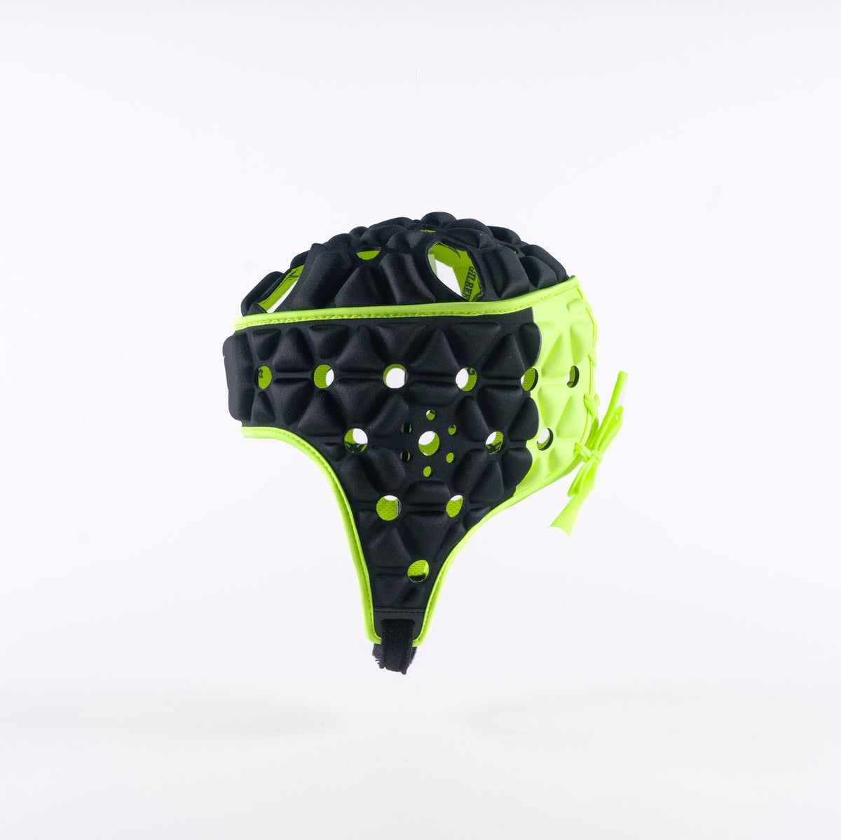 The Gilbert Air Headguard - Senior by Gilbert is a black and neon yellow rugby headguard with a chin strap and multiple circular ventilation holes, displayed against a plain white background.