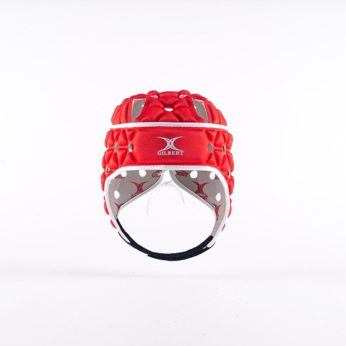 The Gilbert Air Headguard - Senior by Gilbert is shown in red with white and grey accents and the brand logo on the front. This padded rugby headguard appears from the front on a plain white background.