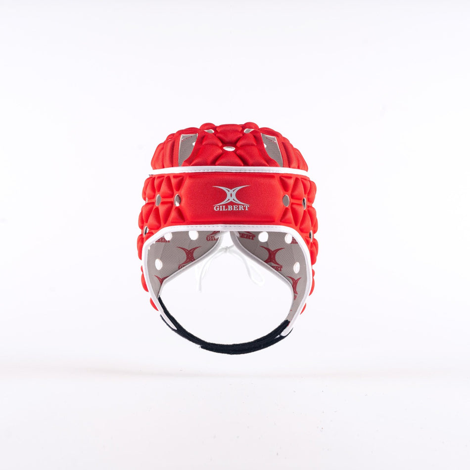 The Gilbert Air Headguard - Senior by Gilbert is shown in red with white and grey accents and the brand logo on the front. This padded rugby headguard appears from the front on a plain white background.