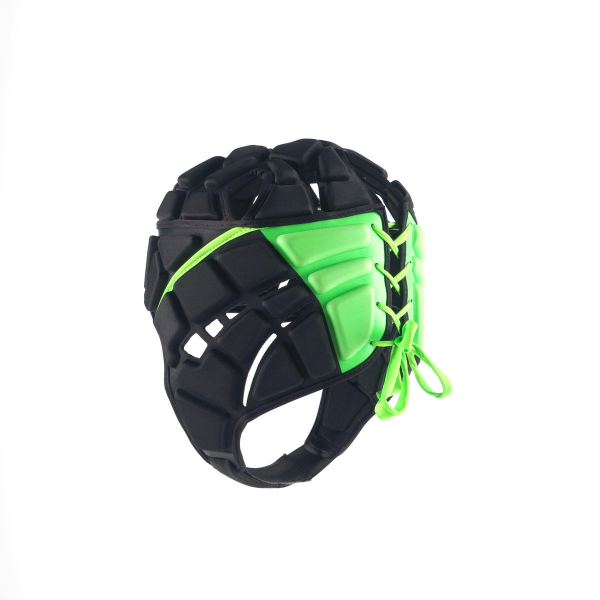 The Gilbert Fusion Senior Headguard by Gilbert is a black and neon green padded headguard featuring a grid design and lace-up closure, crafted for impact protection in sports, displayed on a white background.