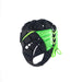 The Gilbert Fusion Senior Headguard by Gilbert is a black and neon green padded headguard featuring a grid design and lace-up closure, crafted for impact protection in sports, displayed on a white background.