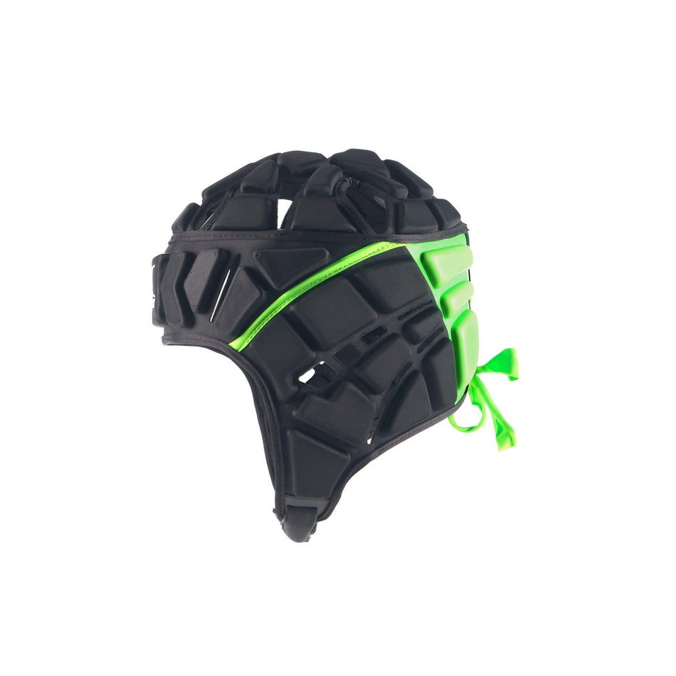 The Gilbert Fusion Senior Headguard by Gilbert is a black padded sports headguard with bright green accents and a green tie at the back, designed for superior impact protection, shown against a white background.