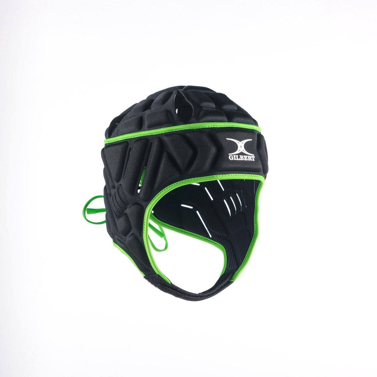 The Gilbert Vapour Junior Headguard is a black padded rugby headguard with the Gilbert logo on the front, offering great impact absorption and ventilation holes. Shown against a plain white background.