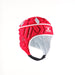 The Gilbert Vapour Senior Headguard by Gilbert is a red padded rugby headguard featuring white and grey accents, a chin strap, and ventilation holes for breathability and impact absorption, shown against a plain white background.