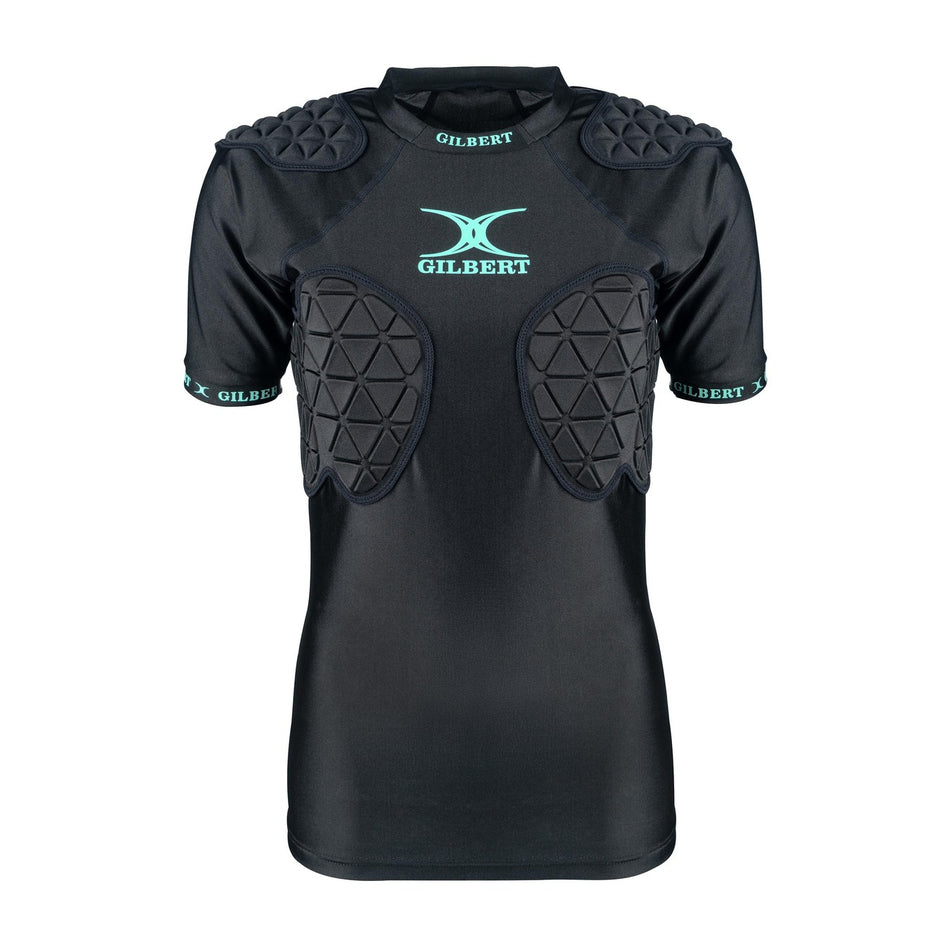 The Gilbert Triflex Lite V3 Women's Body Armour is a black, short-sleeve rugby shirt with light blue Gilbert branding and 3D moulded shoulder and breast padding for superior impact absorption, shown on a white background.
