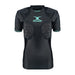 The Gilbert Triflex Lite V3 Women's Body Armour is a black, short-sleeve rugby shirt with light blue Gilbert branding and 3D moulded shoulder and breast padding for superior impact absorption, shown on a white background.