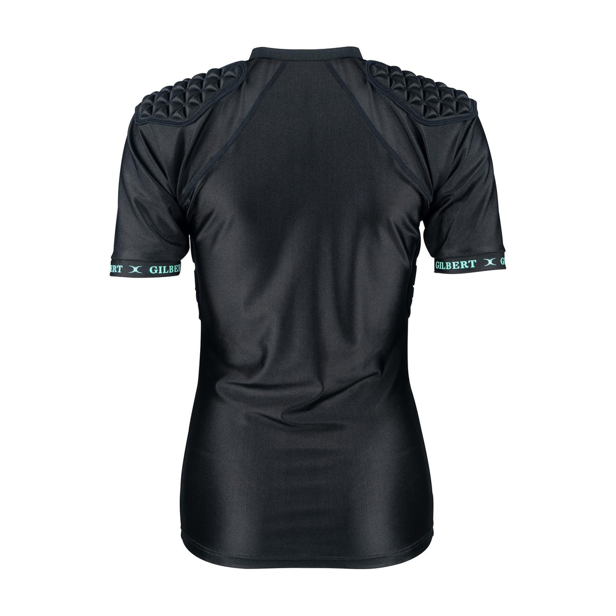 The Gilbert Triflex Lite V3 Womens Body Armour is a black short-sleeve sports shirt with padded 3D moulded shoulders for impact absorption and green sleeves bands featuring the Gilbert logo.