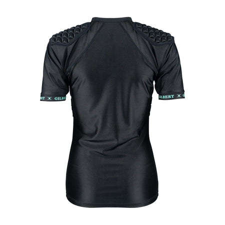The Gilbert Triflex Lite V3 Womens Body Armour is a black short-sleeve sports shirt with padded 3D moulded shoulders for impact absorption and green sleeves bands featuring the Gilbert logo.