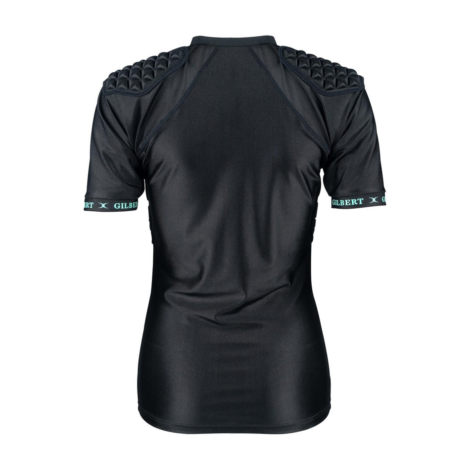 The Gilbert Triflex Lite V3 Womens Body Armour is a black short-sleeve sports shirt with padded 3D moulded shoulders for impact absorption and green sleeves bands featuring the Gilbert logo.