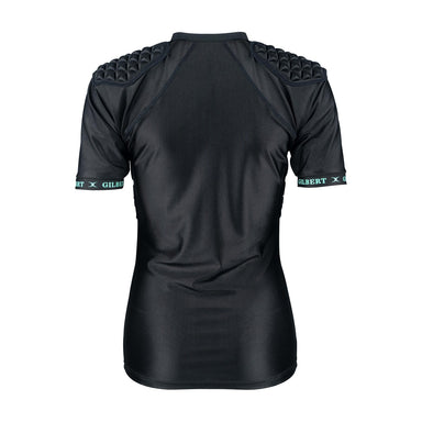 The Gilbert Triflex Lite V3 Womens Body Armour is a black short-sleeve sports shirt with padded 3D moulded shoulders for impact absorption and green sleeves bands featuring the Gilbert logo.