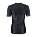 The Gilbert Triflex Lite V3 Womens Body Armour is a black short-sleeve sports shirt with padded 3D moulded shoulders for impact absorption and green sleeves bands featuring the Gilbert logo.