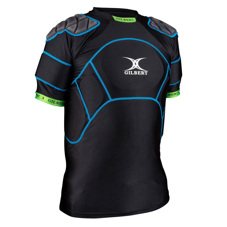 The Gilbert XP500 Body Armour is a black short-sleeve rugby shirt with impact protection padding, blue stitching, gray padded shoulders and chest, green cuffs, and the Gilbert logo on front—ideal for intense matches.