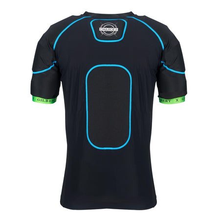 The Gilbert Charger X1.1 Body Armour - Senior is a black short-sleeve athletic shirt by Gilbert, featuring blue piping, a central rectangular high-density foam padded area on the back, and green sleeve bands with "GILBERT" branding.