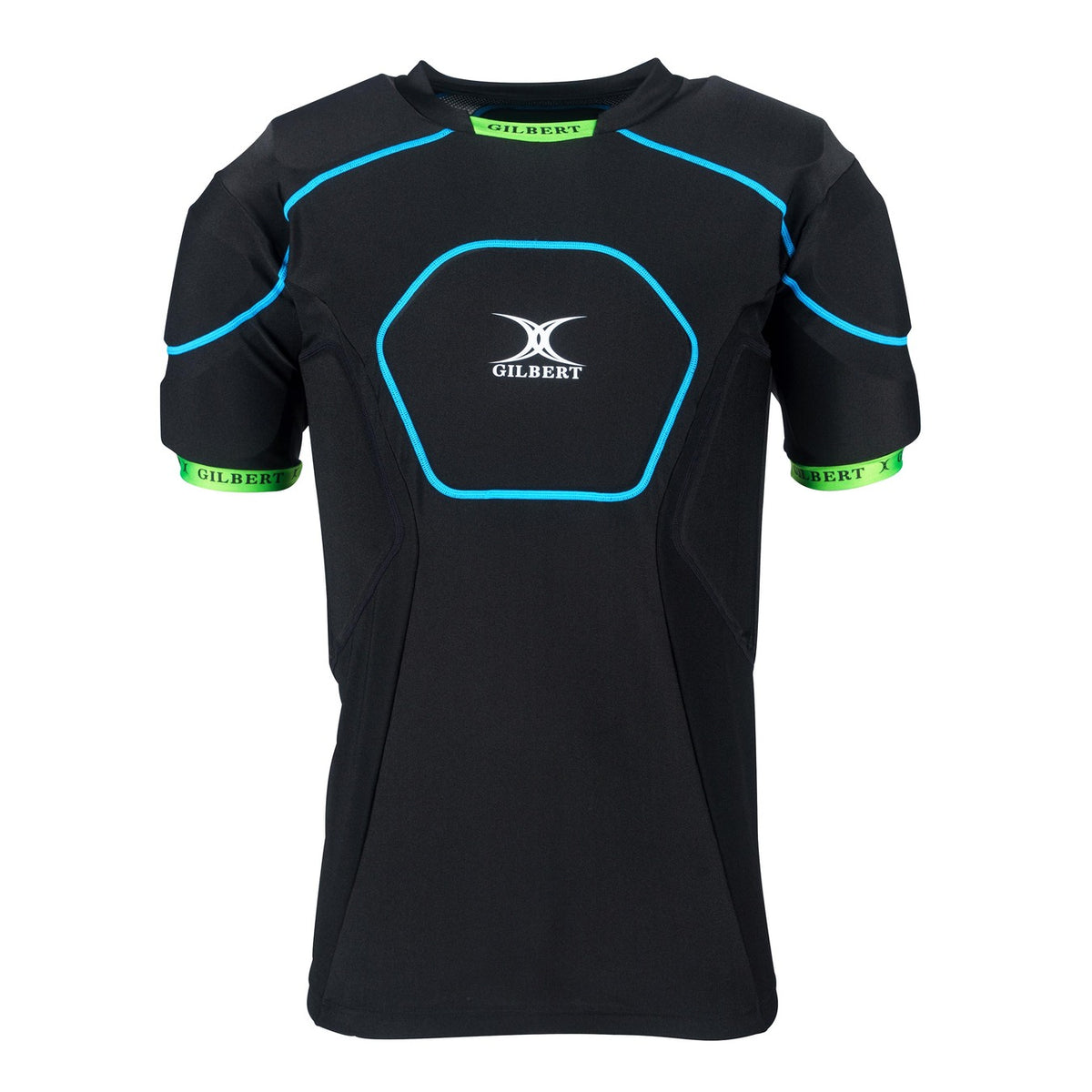 The Gilbert Charger X1.1 Body Armour - Senior is a black short-sleeve sports shirt with blue piping, green sleeve accents, and a white "Gilbert" logo. It features high density foam shoulder padding for extra protection, ideal for rugby players.