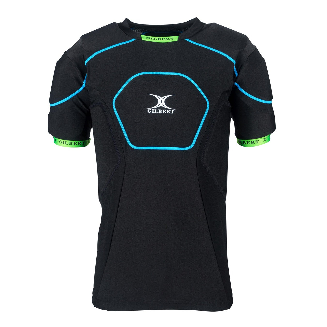 The Gilbert Charger X1.1 Body Armour - Senior is a black short-sleeve sports shirt with blue piping, green sleeve accents, and a white "Gilbert" logo. It features high density foam shoulder padding for extra protection, ideal for rugby players.