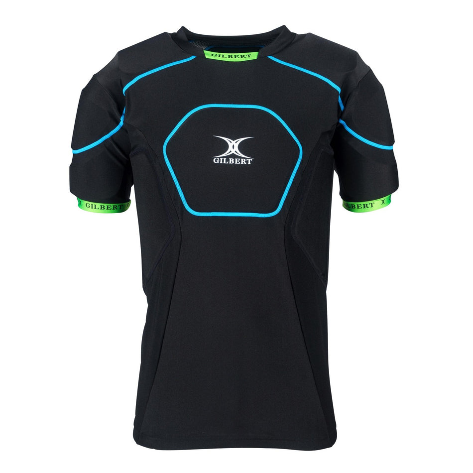 The Gilbert Charger X1.1 Body Armour - Senior is a black short-sleeve sports shirt with blue piping, green sleeve accents, and a white "Gilbert" logo. It features high density foam shoulder padding for extra protection, ideal for rugby players.