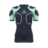 The Gilbert Triflex Lite V2 Womens Body Armour is a black and teal padded sports shirt with Triflex Lite impact protection on the shoulder, chest, and upper arm, designed for women’s rugby and other contact sports.