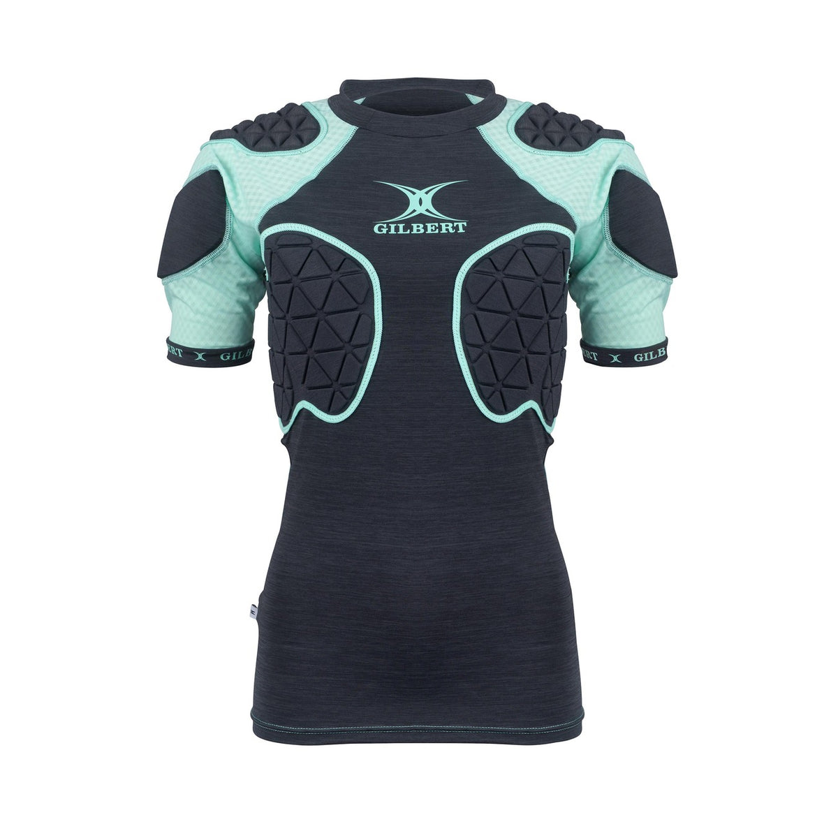 The Gilbert Triflex Lite V2 Womens Body Armour is a black and teal padded sports shirt with Triflex Lite impact protection on the shoulder, chest, and upper arm, designed for women’s rugby and other contact sports.