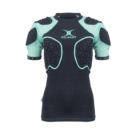 The Gilbert Triflex Lite V2 Womens Body Armour is a black and teal padded sports shirt with Triflex Lite impact protection on the shoulder, chest, and upper arm, designed for women’s rugby and other contact sports.