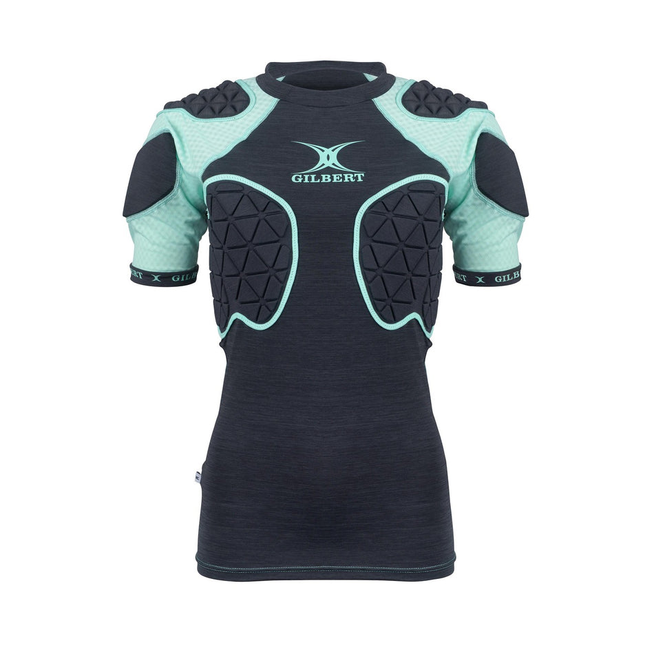The Gilbert Triflex Lite V2 Womens Body Armour is a black and teal padded sports shirt with Triflex Lite impact protection on the shoulder, chest, and upper arm, designed for women’s rugby and other contact sports.