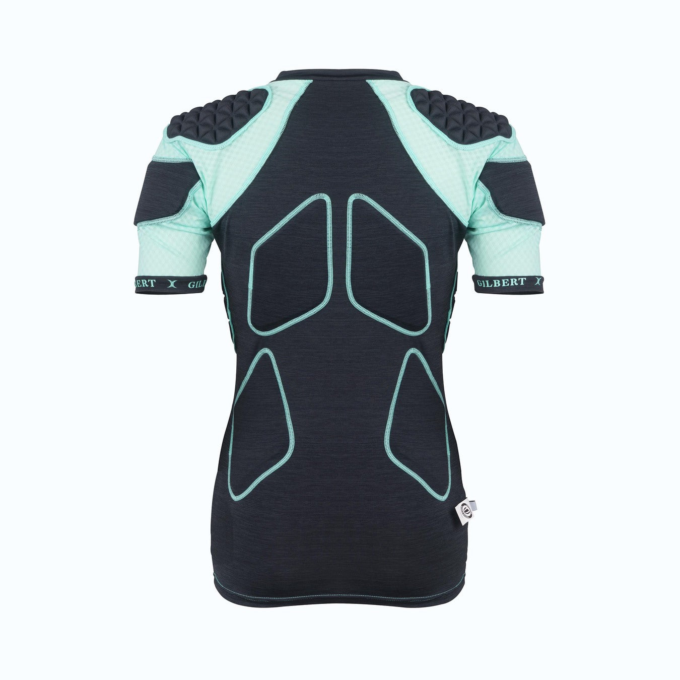 The Gilbert Triflex Lite V2 Womens Body Armour is a black, short-sleeve sports shirt with light teal padded shoulders and upper arms. It features Triflex Lite impact protection, outlined padding on the back and sides, and a fitted design for women’s rugby.