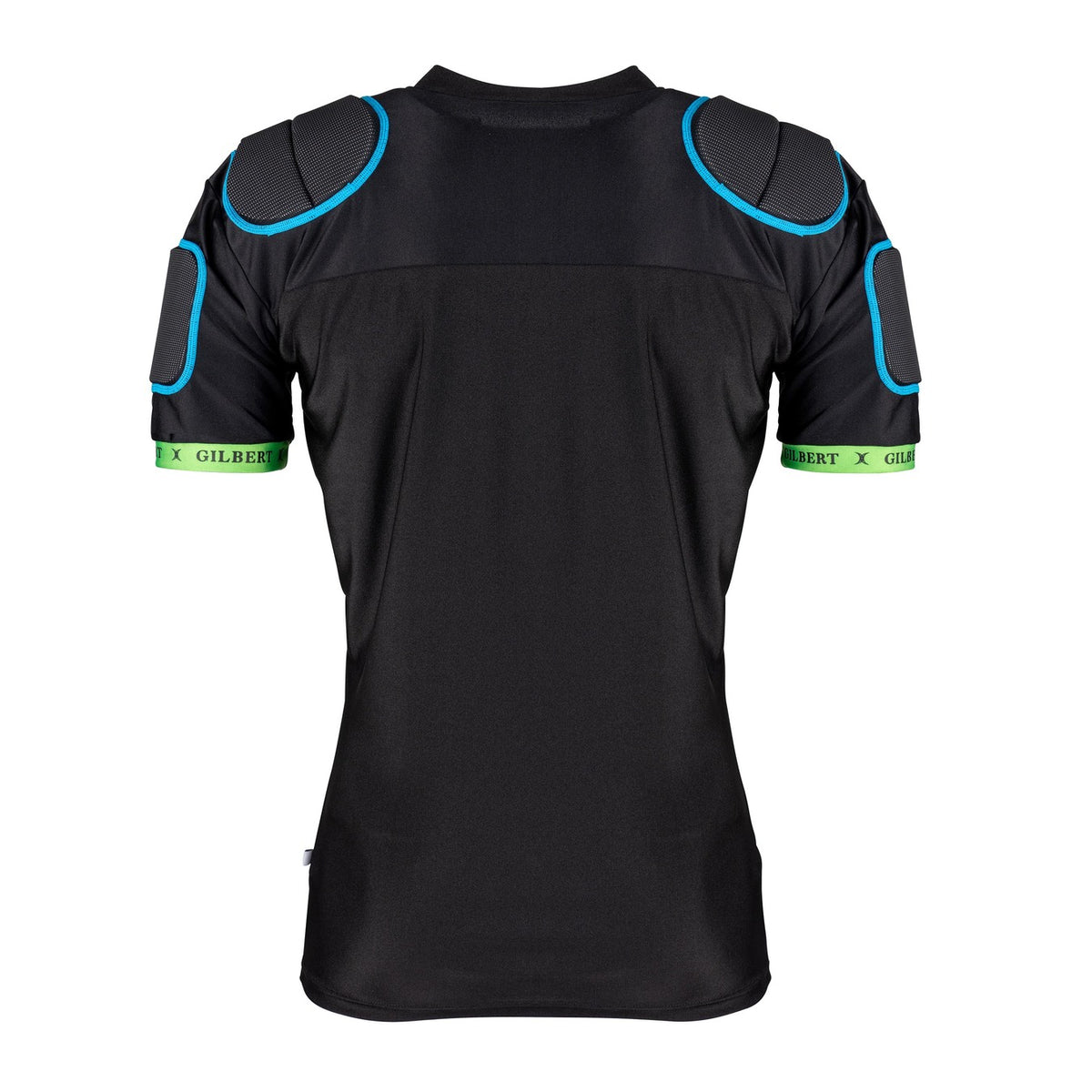 The Gilbert XP100 Body Armour is a black fitted rugby shirt made from recycled polyester, featuring blue padded shoulder and arm panels, green-banded short sleeves, and the Gilbert logo for enhanced sports protection. View shown: back.