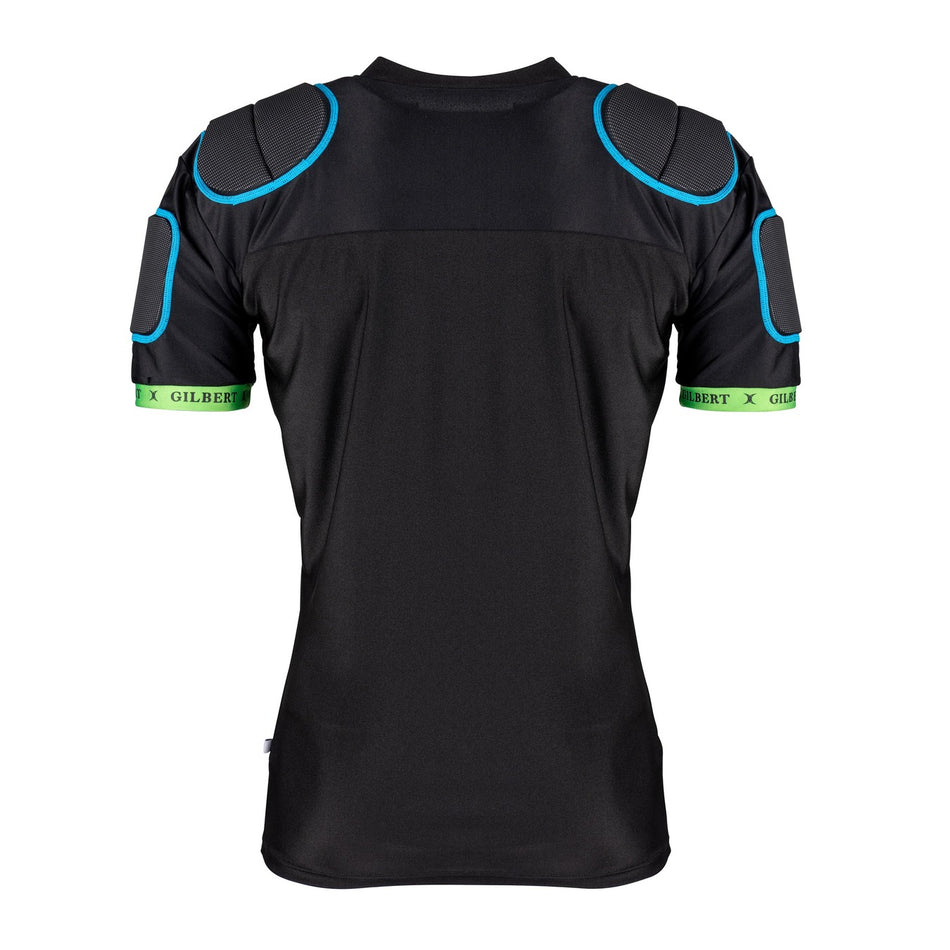 The Gilbert XP100 Body Armour is a black fitted rugby shirt made from recycled polyester, featuring blue padded shoulder and arm panels, green-banded short sleeves, and the Gilbert logo for enhanced sports protection. View shown: back.