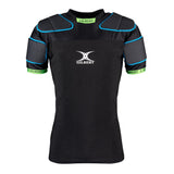 The Gilbert XP100 Body Armour is a black short-sleeve shirt made from recycled polyester, with light blue-trimmed padded shoulders, green GILBERT text on cuffs and collar, and the Gilbert logo on the front.