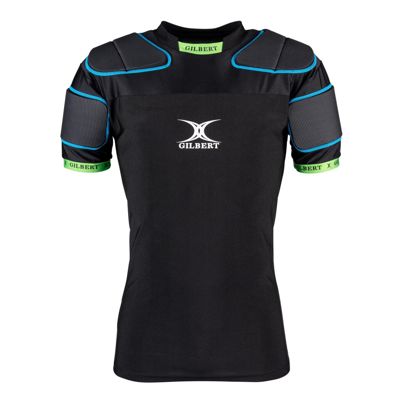 The Gilbert XP100 Body Armour is a black short-sleeve shirt made from recycled polyester, with light blue-trimmed padded shoulders, green GILBERT text on cuffs and collar, and the Gilbert logo on the front.