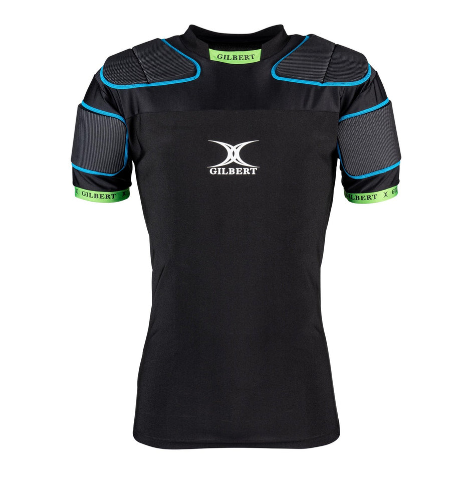 The Gilbert XP100 Body Armour is a black short-sleeve shirt made from recycled polyester, with light blue-trimmed padded shoulders, green GILBERT text on cuffs and collar, and the Gilbert logo on the front.